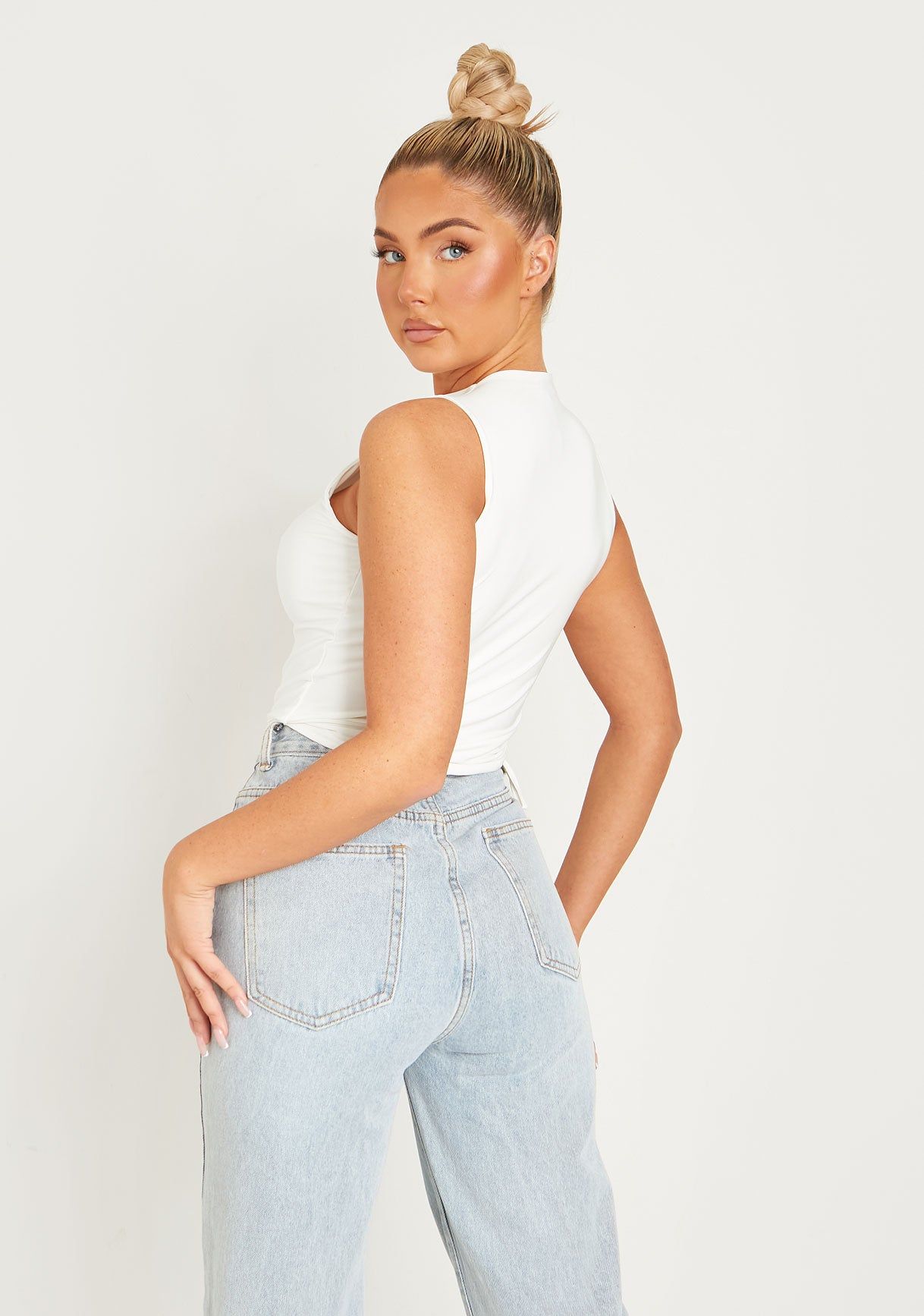 Mindy Cream High Neck Side Ruched Double Layer Crop Top sold by Missy Empire product image thumbnail 3