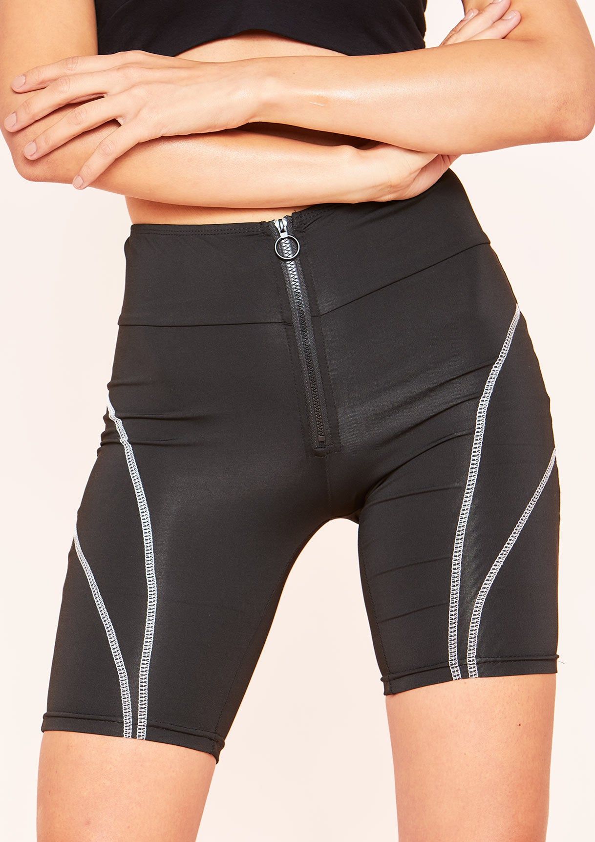 Yani Black Contrast Stitch Zip Cycle Shorts sold by Missy Empire product image thumbnail 4