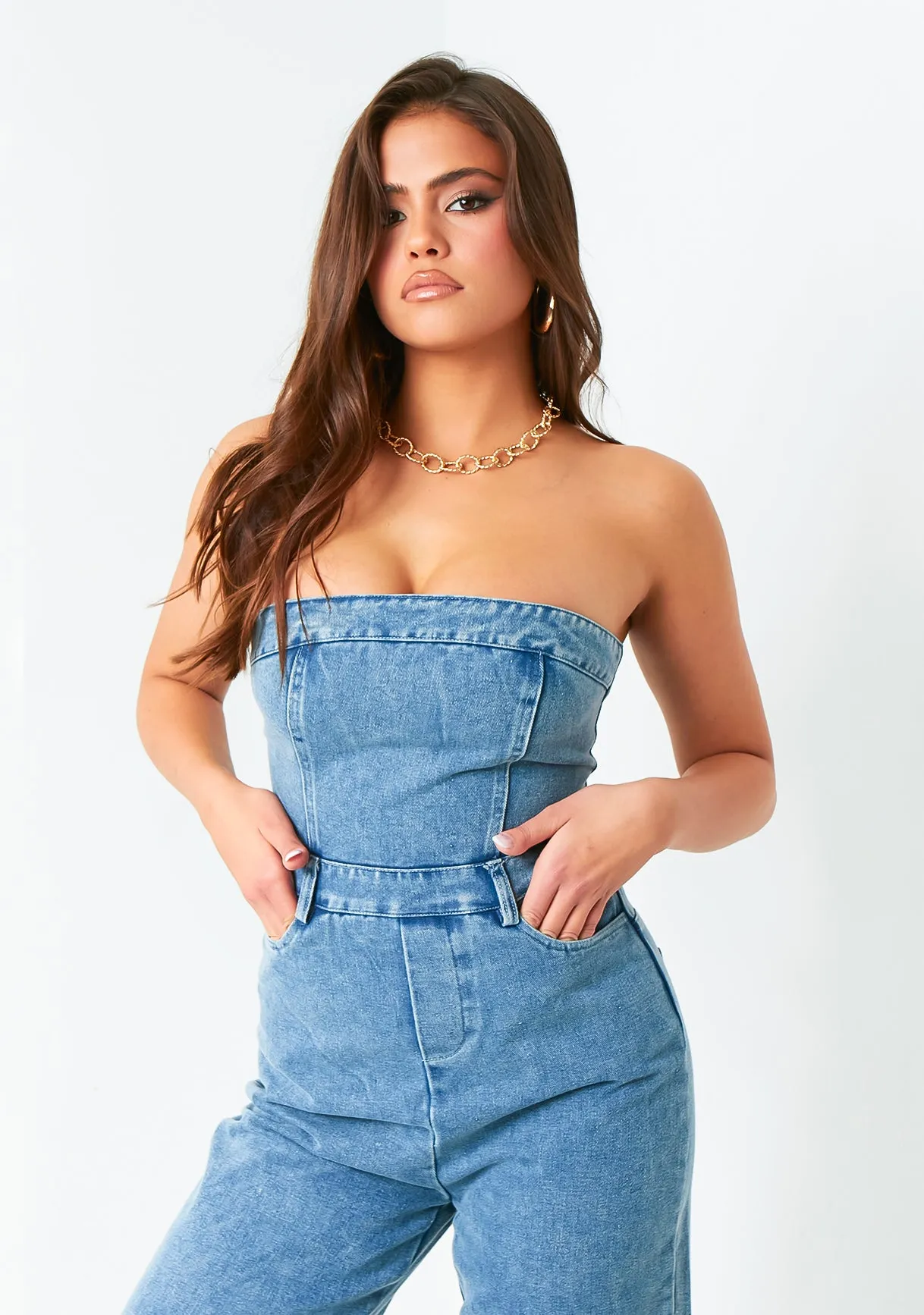 Zoey Light Blue Bandeau Denim Jumpsuit sold by Missy Empire product image thumbnail 2