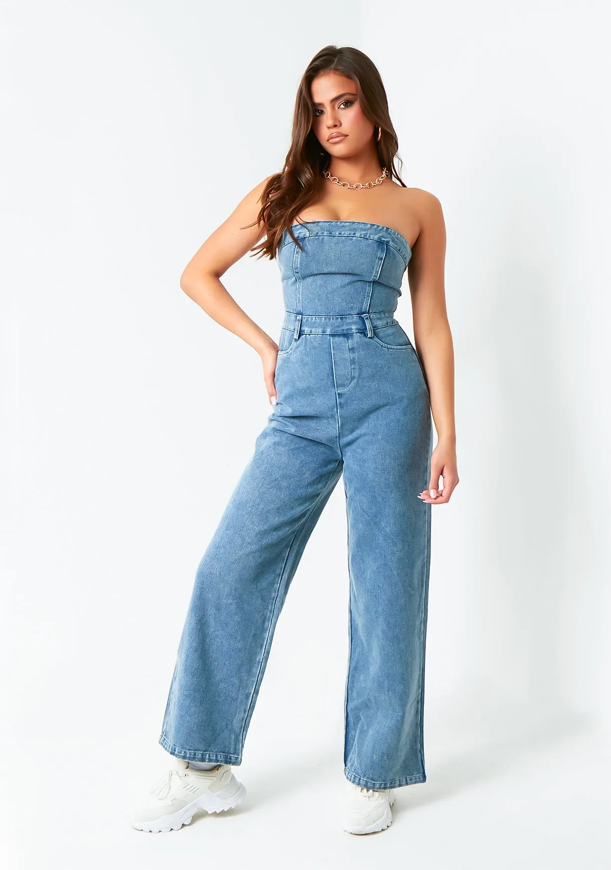 Zoey Light Blue Bandeau Denim Jumpsuit sold by Missy Empire