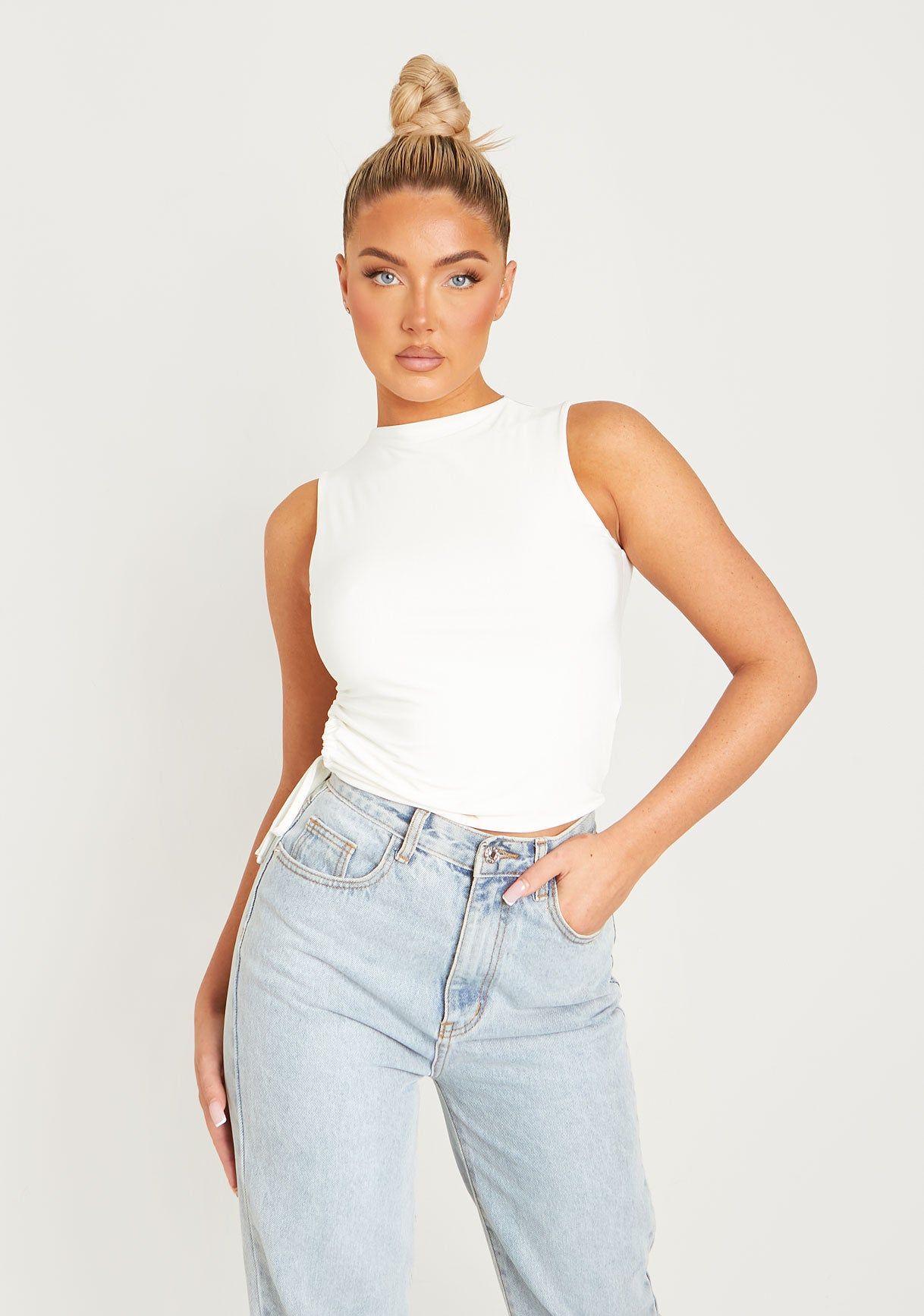 Mindy Cream High Neck Side Ruched Double Layer Crop Top sold by Missy Empire product image thumbnail 4