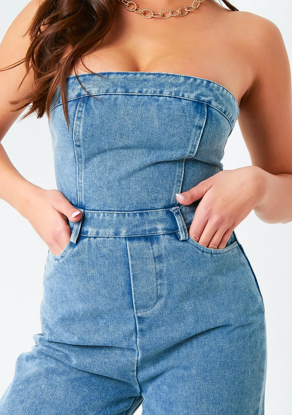 Zoey Light Blue Bandeau Denim Jumpsuit sold by Missy Empire product image thumbnail 4