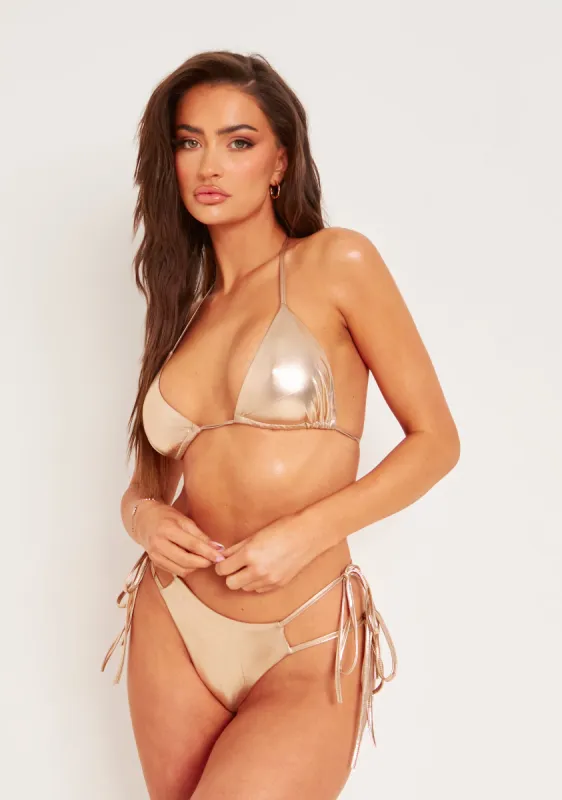 Ava Bronze Metallic Triangle Bikini Top sold by Missy Empire
