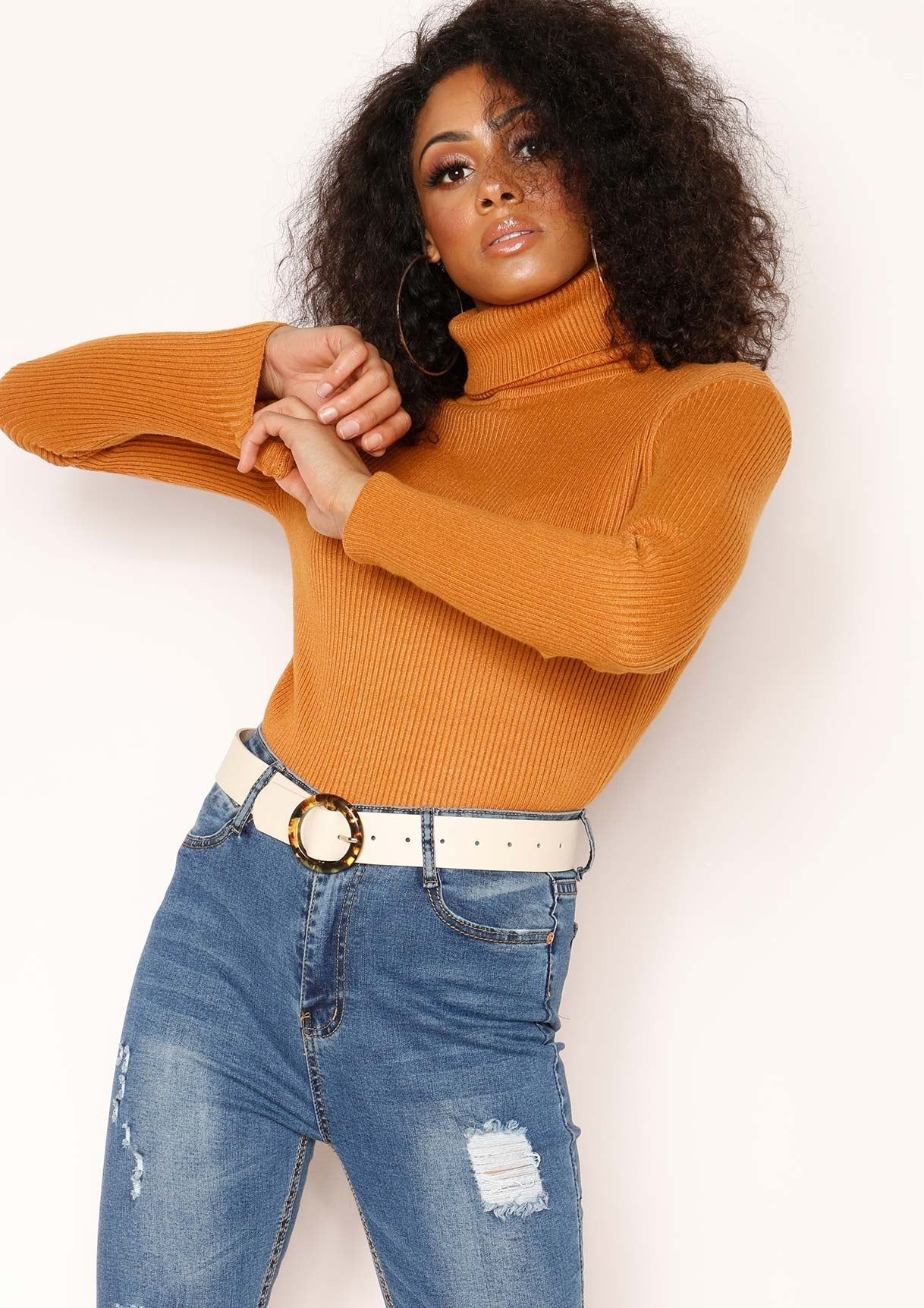 Tena Orange Knit Ribbed Roll Neck Jumper sold by Missy Empire