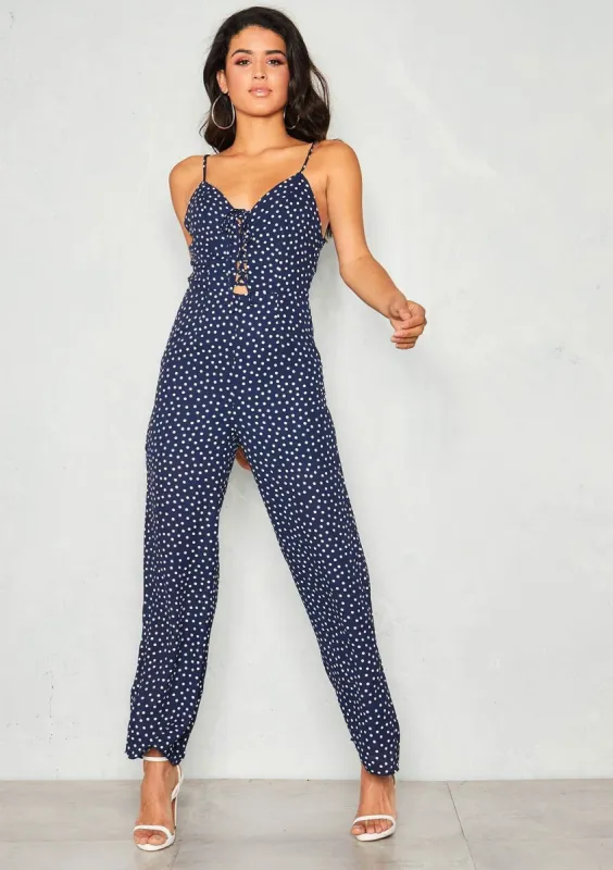 Ayla Navy Polkadot Lace Up Jumpsuit sold by Missy Empire