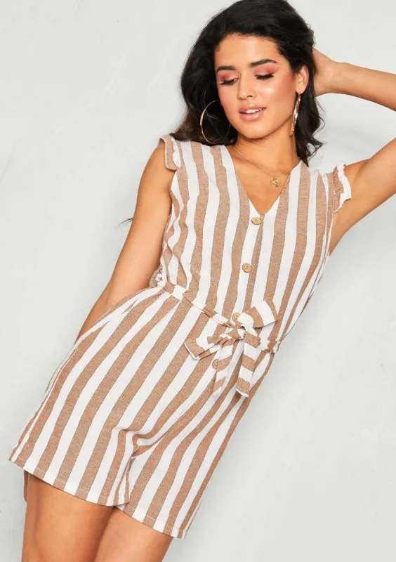 Renea Brown Stripe Belted Button Playsuit sold by Missy Empire