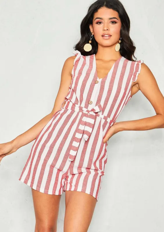 Renea Red Stripe Belted Button Playsuit sold by Missy Empire