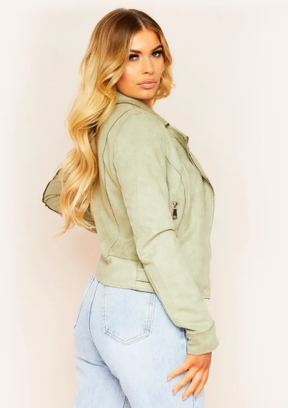 Filipa Olive Faux Suede Biker Jacket sold by Missy Empire