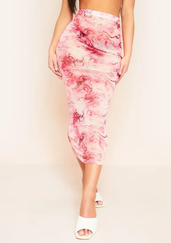 Hailey Pink Mesh Marble Print Maxi Skirt sold by Missy Empire