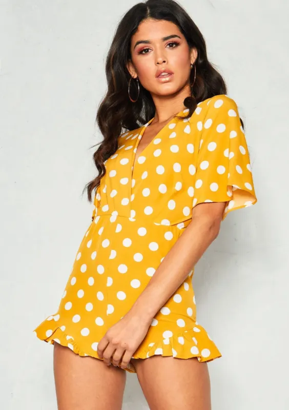 Edi Mustard Polkadot Wrap Playsuit sold by Missy Empire