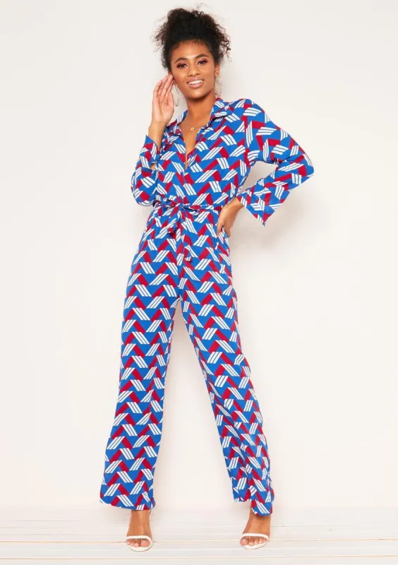 Antonia Blue Geometric Print Jumpsuit sold by Missy Empire