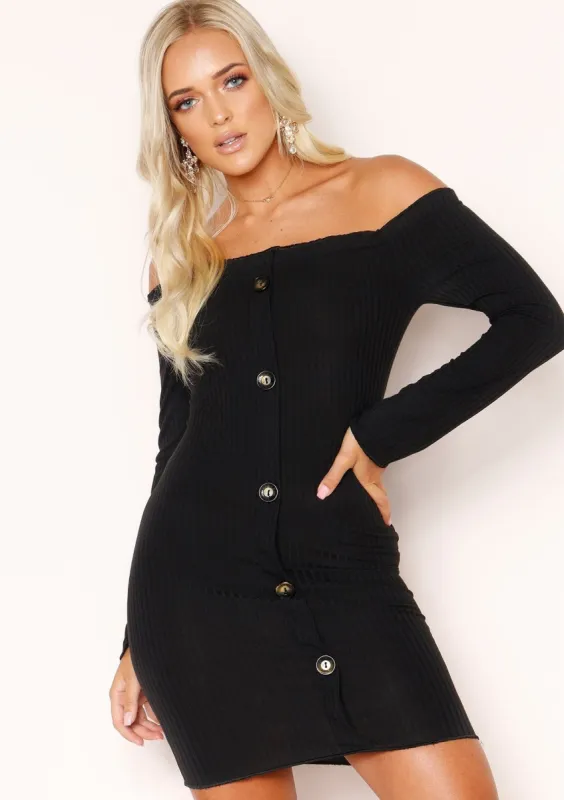 Shannon Black Bardot Button Mini dress sold by Missy Empire