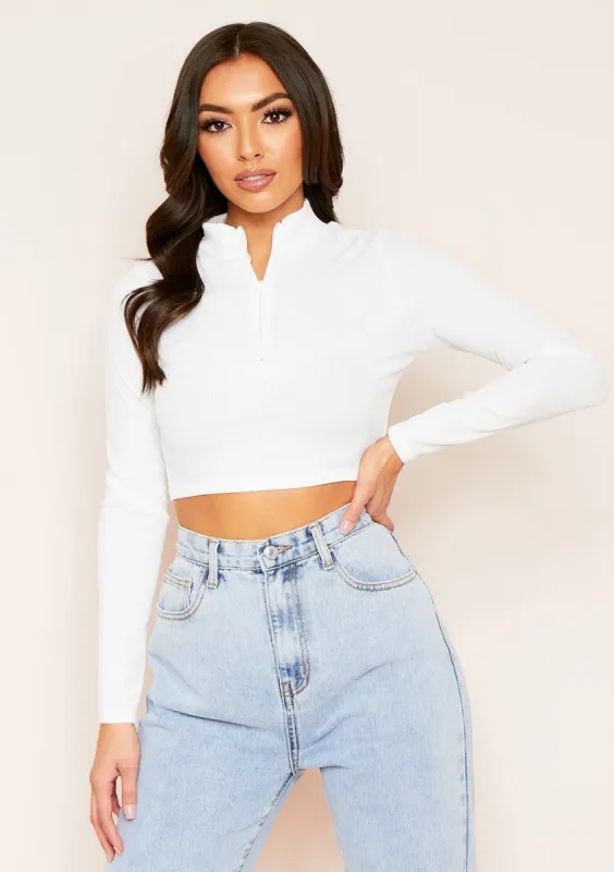 Amaka White Zip Up Long Sleeve Ribbed Crop Top sold by Missy Empire