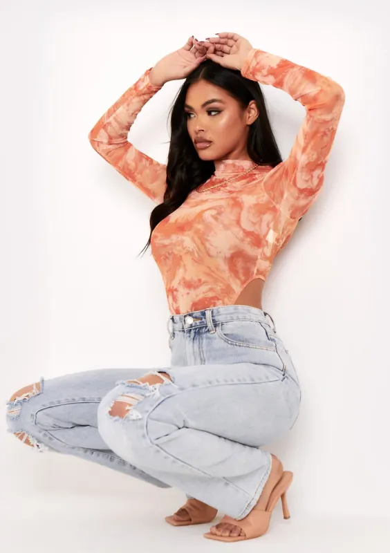 Lekka Orange Marble Print High Neck Long Sleeve Bodysuit sold by Missy Empire