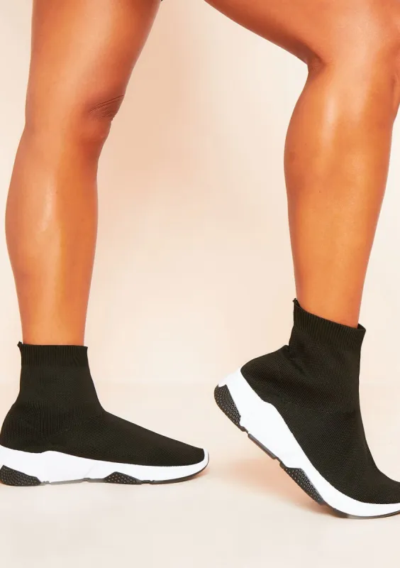 Akari Black And White Stretch Knitted Sock Trainers made by Missy Empire
