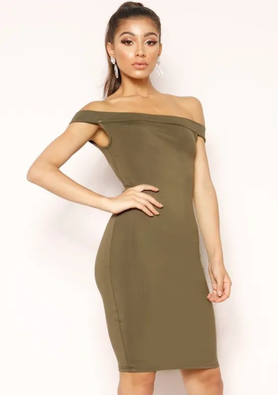 Robin Khaki Bardot Bodycon Dress sold by Missy Empire