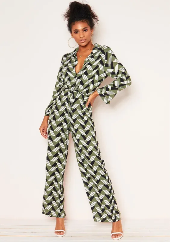 Antonia Khaki Geometric Print Jumpsuit sold by Missy Empire