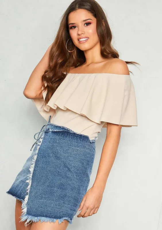 Vicky Denim Frayed Wrap Skirt sold by Missy Empire