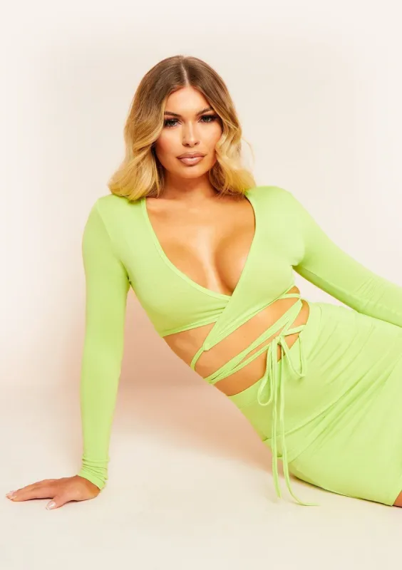 Iden Lime Green Tie Waist Wrap Around Long Sleeve Crop Top sold by Missy Empire