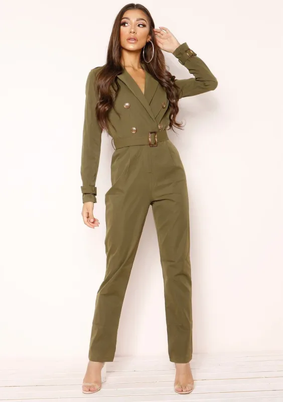 Dani Khaki Utility Jumpsuit sold by Missy Empire