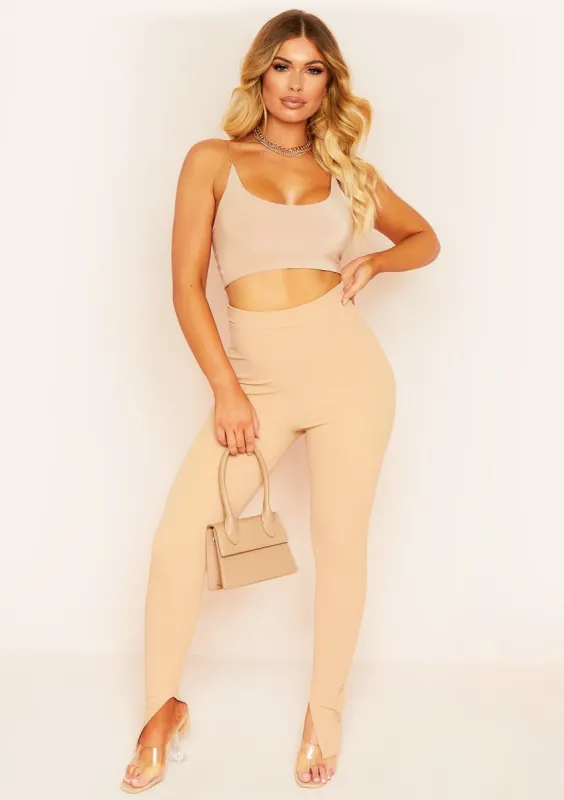 Laisha Nude Plain High Waisted Side Split Trousers sold by Missy Empire