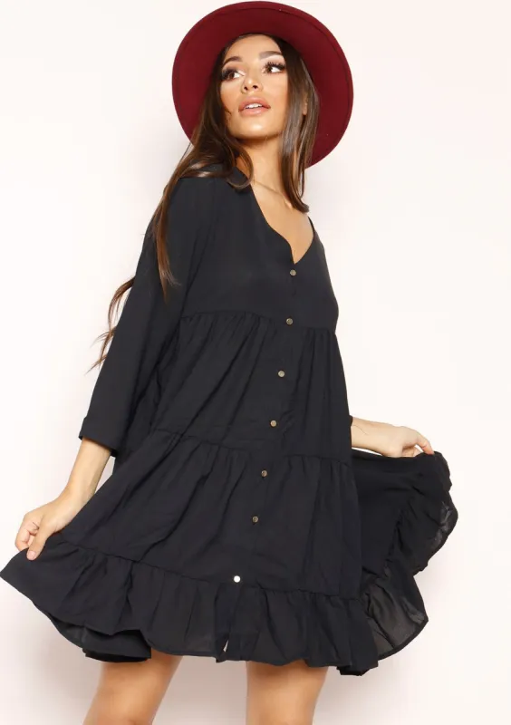 Heidi Black Button Frill Smock Dress sold by Missy Empire