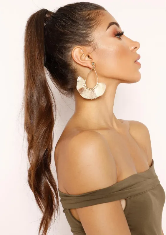Siobhan Beige Thin Teardrop Tassle Earrings sold by Missy Empire