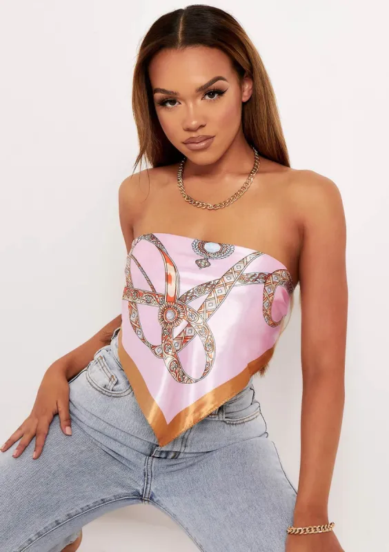 Luisa Pale Pink Chain Print Satin Tie Back Bandana Scarf Top sold by Missy Empire