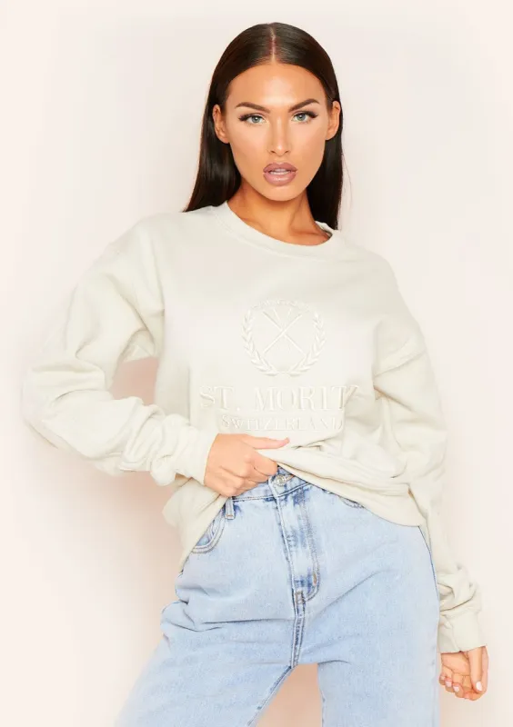 Halyn Sand St. Moritz Slogan Oversized Sweatshirt sold by Missy Empire