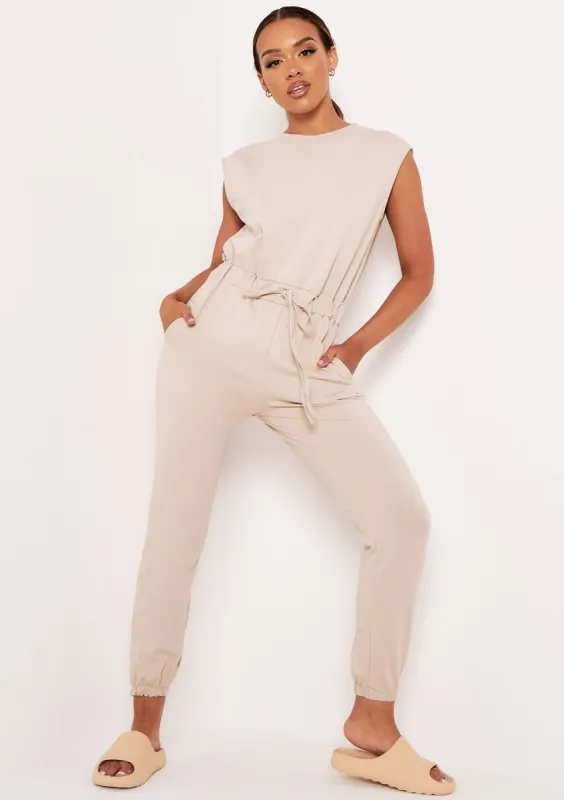 Abbi Beige Sleeveless Cinched Waist Jumpsuit sold by Missy Empire