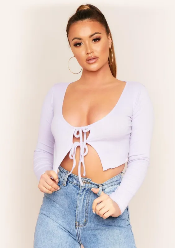 Kaley Lilac Double Tie Ribbed Knit Long Sleeve Top sold by Missy Empire