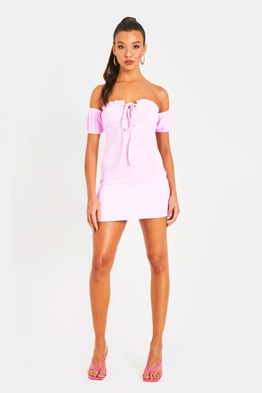 Mila Pink Frill Tie Milkmaid Mini Dress sold by Missy Empire
