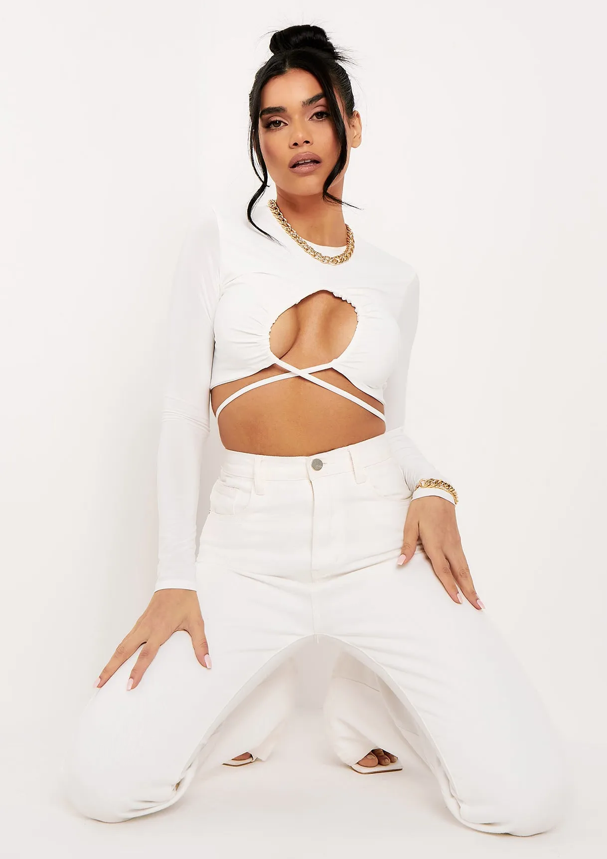 Faith Ivory Slinky Ruched Front Tie Waist Crop Top sold by Missy Empire product image thumbnail 2