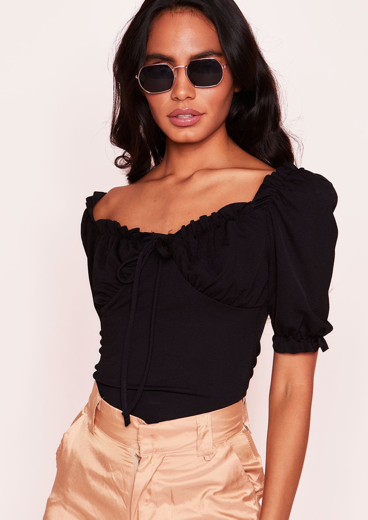 Greta Black Frill Ruched Crop Top sold by Missy Empire product image thumbnail 4