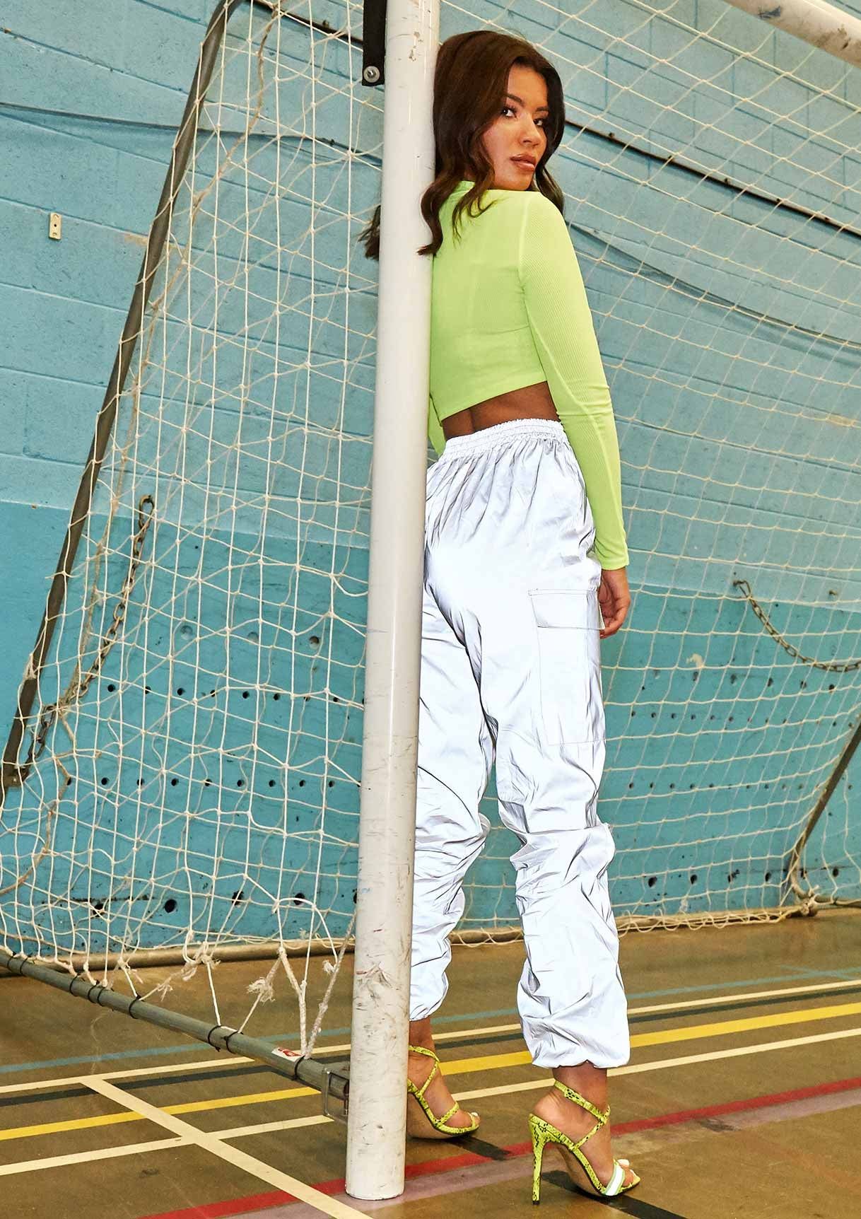 Zoe Silver Reflective Utility Cargo Trousers sold by Missy Empire