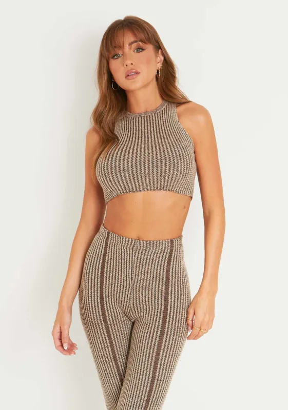 Leia Brown Contrast Knit Racer Crop Top sold by Missy Empire