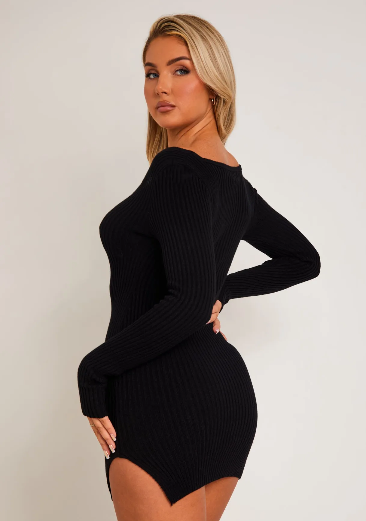Carrie Black Knit Sweetheart Neckline Mini Dress sold by Missy Empire product image thumbnail 3