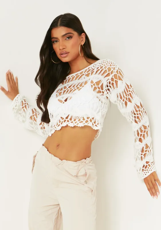 Allie White Crochet Knit Crop Top sold by Missy Empire