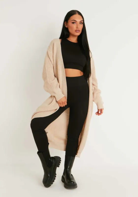 Addie Beige Longline Knit Cardigan sold by Missy Empire