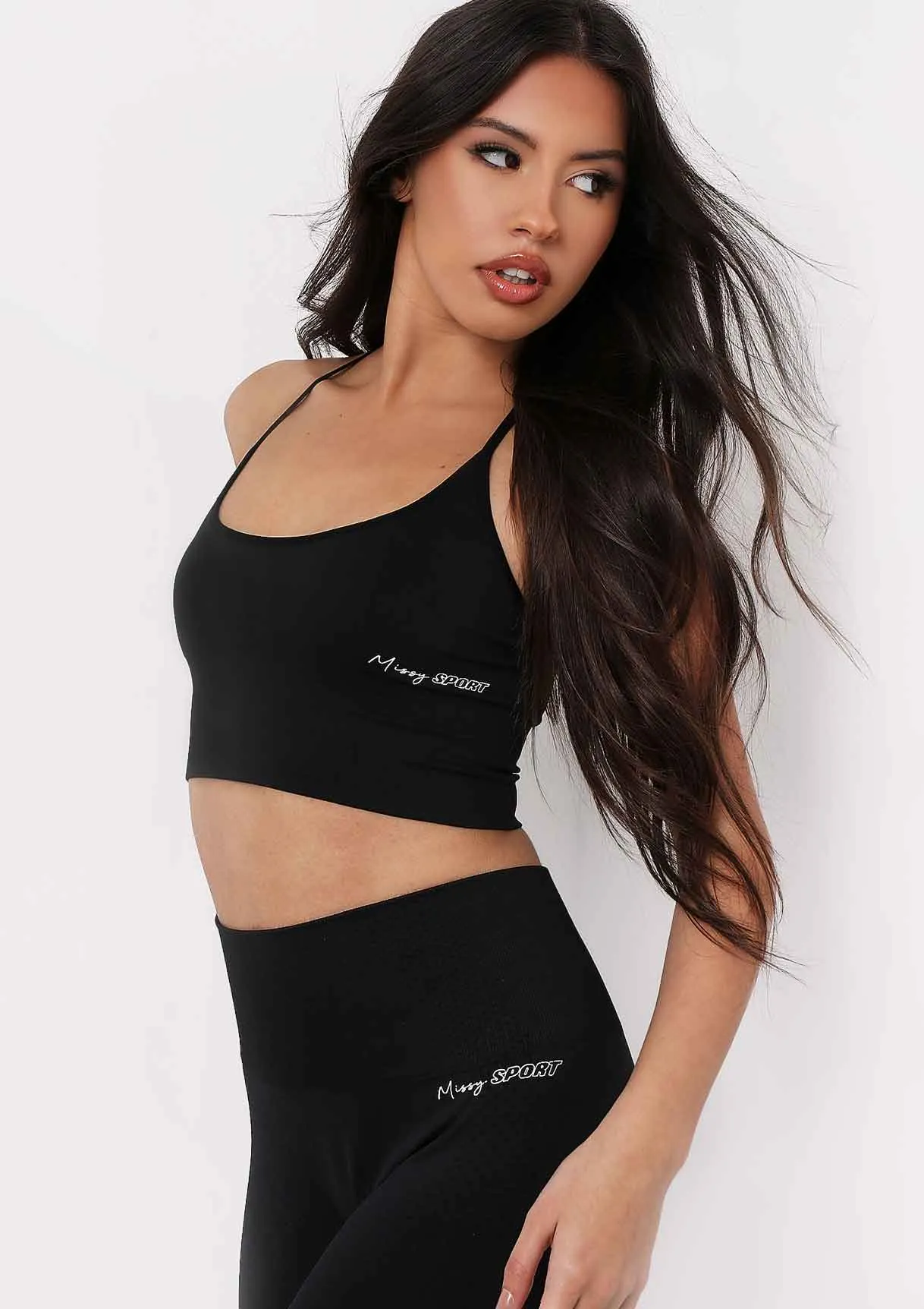 Pav Black Missy Sport Cross Strap Seamless Gym Crop Top sold by Missy Empire