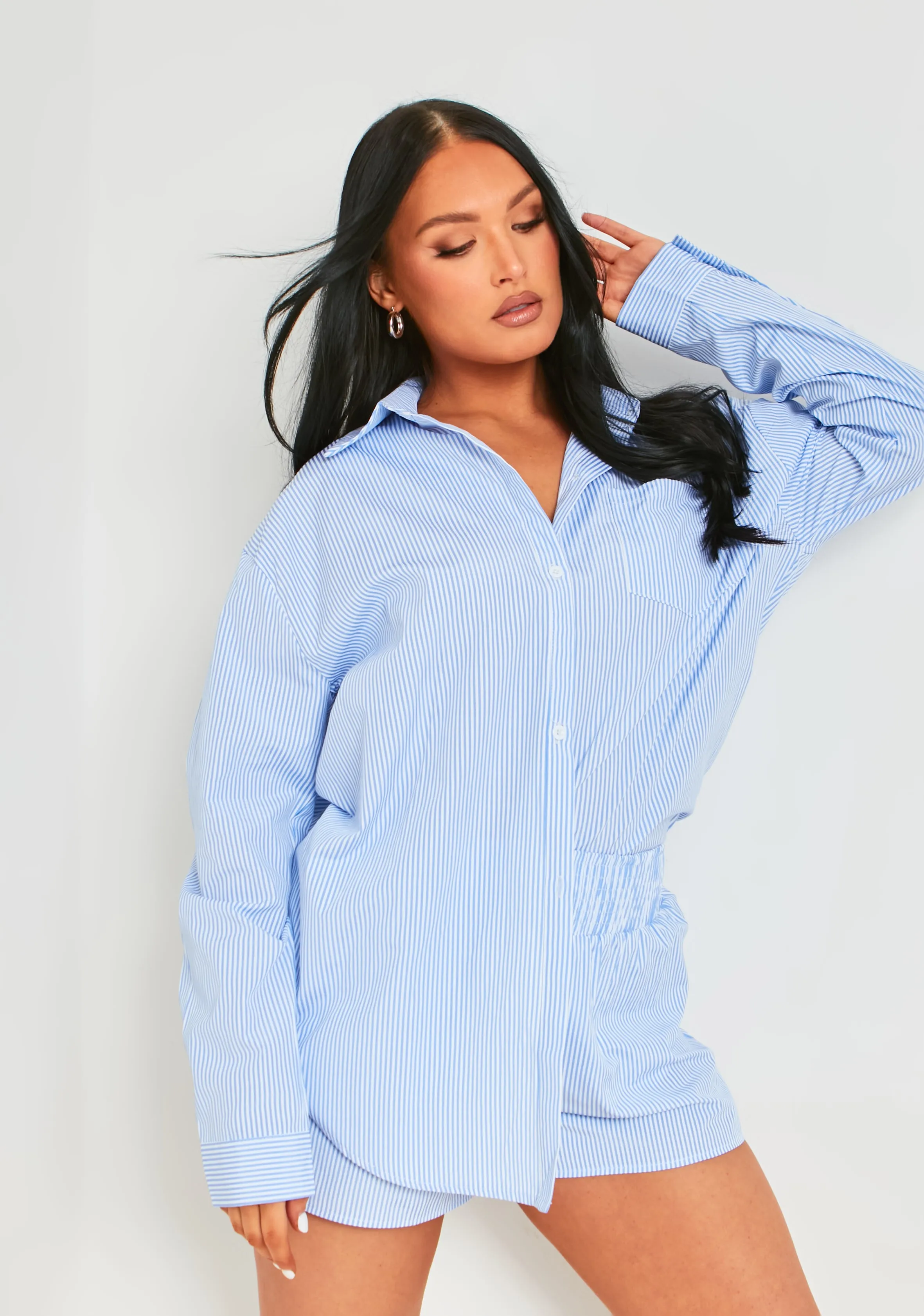 Hallie Blue Pinstripe Oversized Shirt sold by Missy Empire product image thumbnail 2