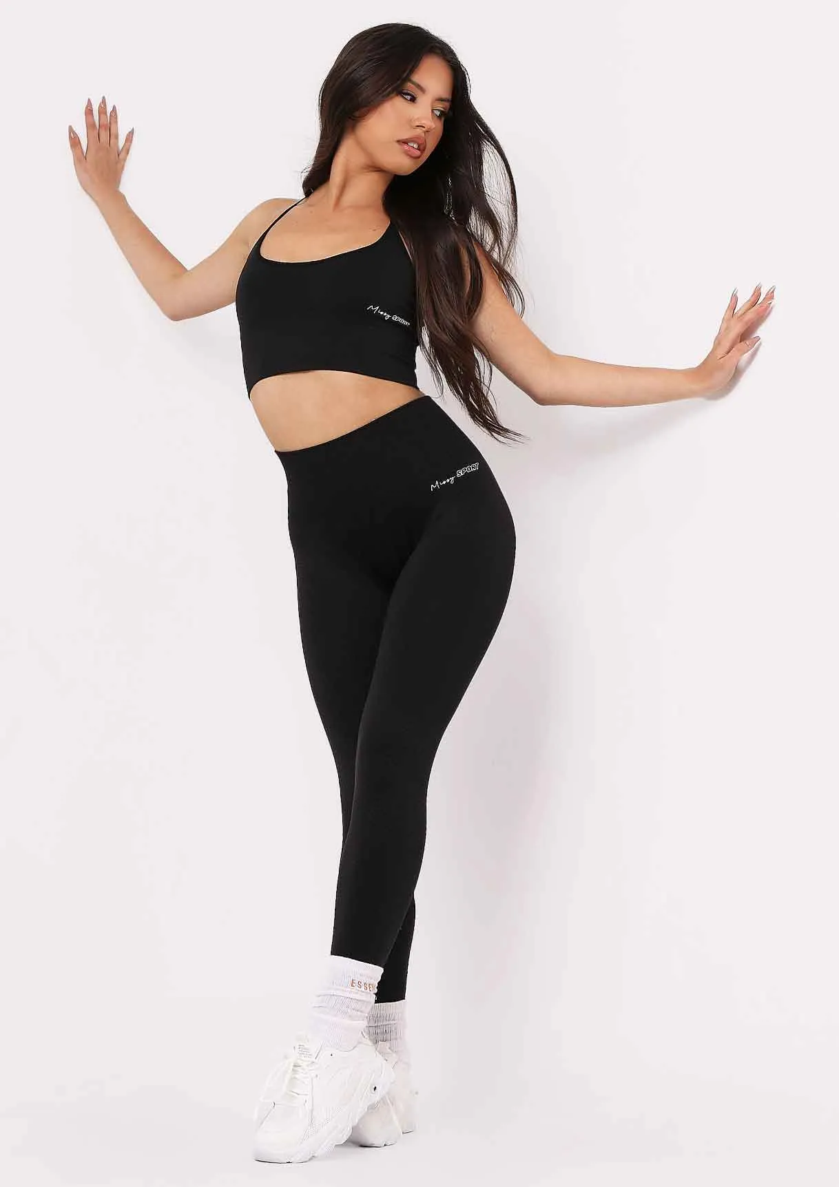 Pav Black Missy Sport Cross Strap Seamless Gym Crop Top sold by Missy Empire product image thumbnail 5