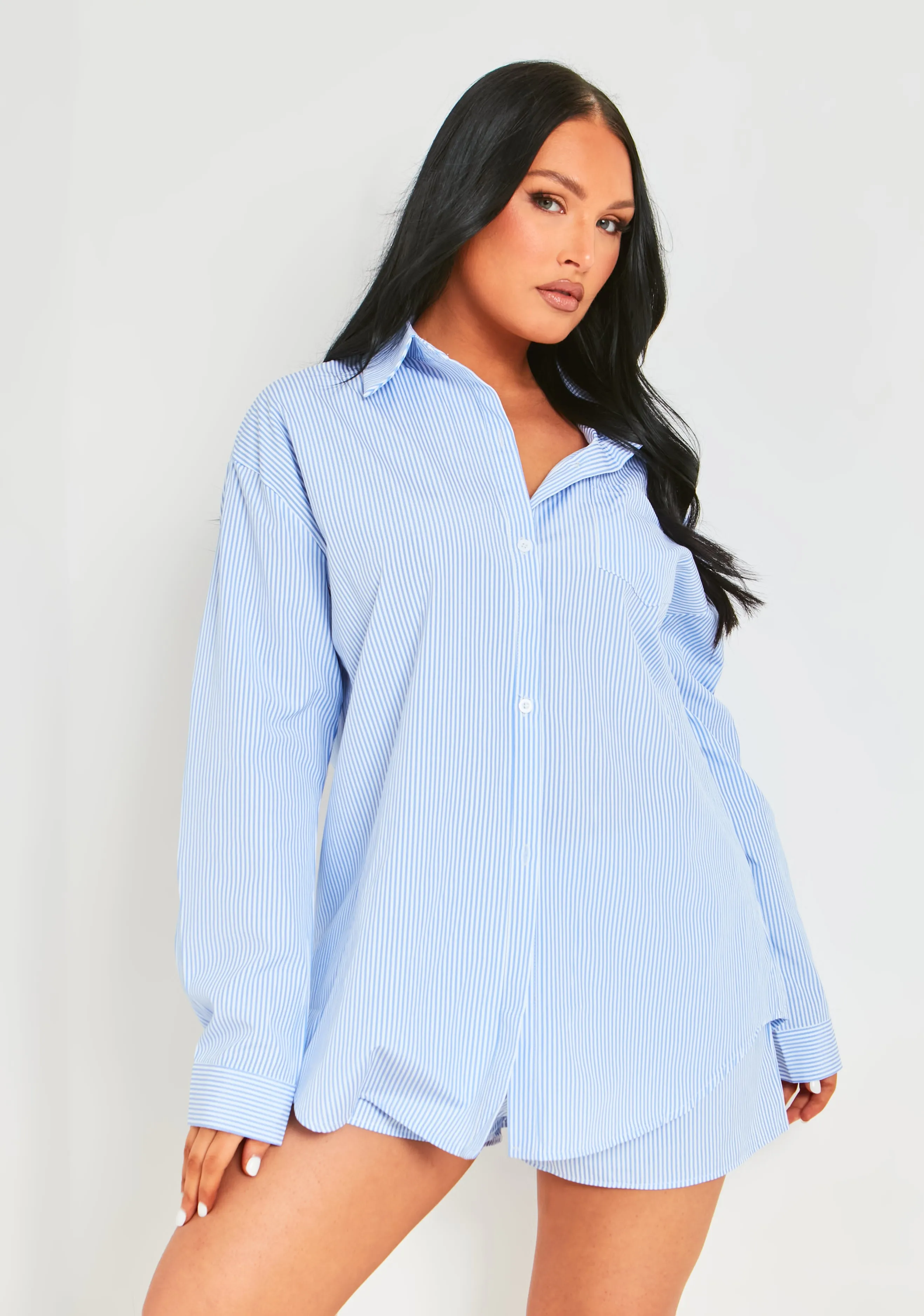 Hallie Blue Pinstripe Oversized Shirt sold by Missy Empire product image thumbnail 4