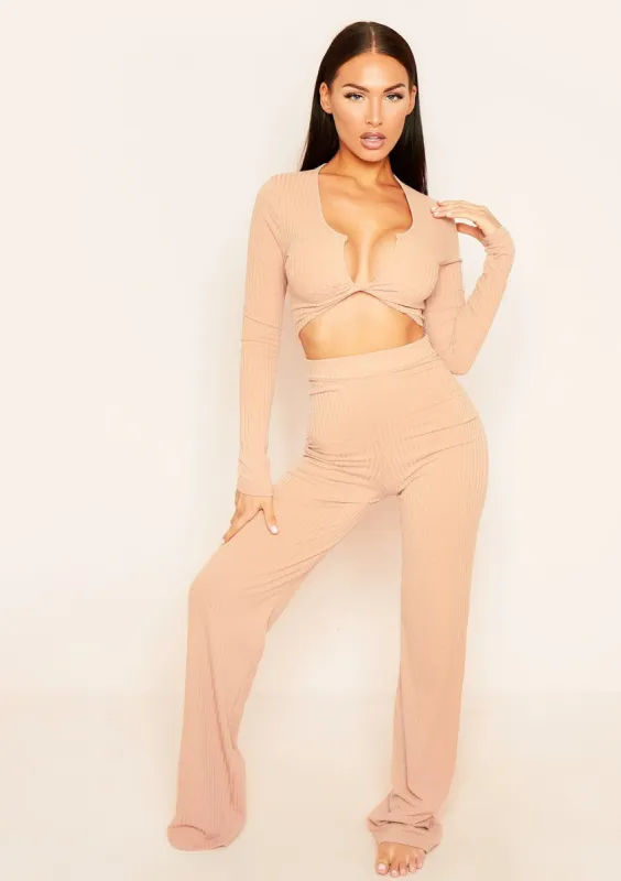 Aubrey Nude Mix & Match Ribbed Lounge Wide Leg Trousers sold by Missy Empire