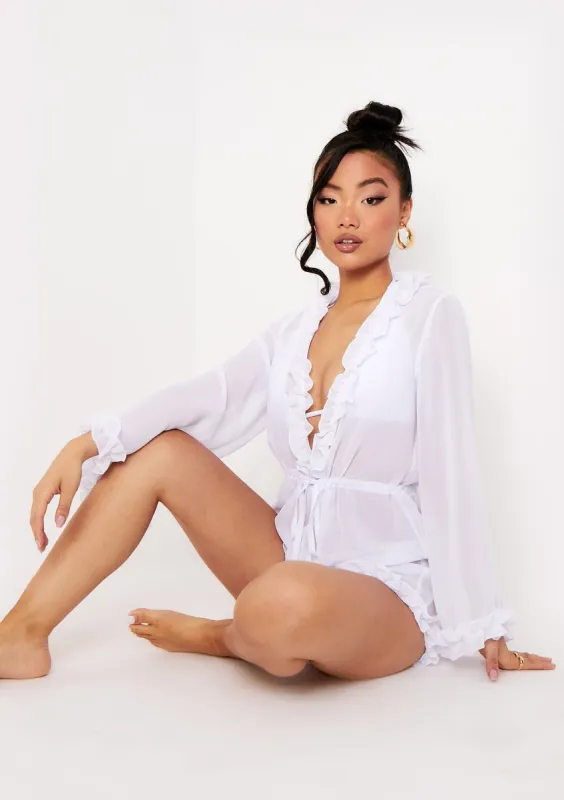 Averi White Chiffon Ruffle Plunge Beach Playsuit sold by Missy Empire