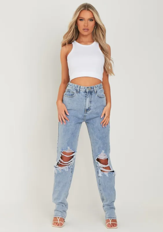 Lucie Light Blue Ripped Straight Leg Jeans sold by Missy Empire