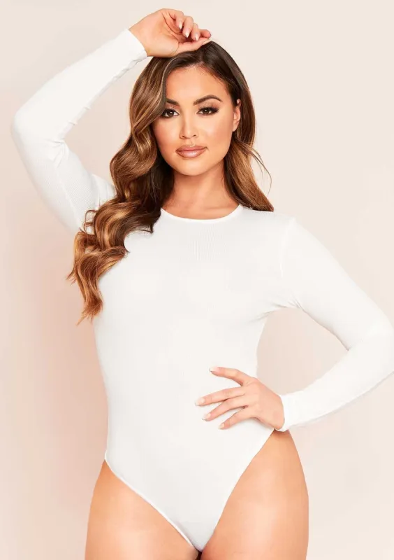 Camila White Ribbed Long Sleeve Bodysuit sold by Missy Empire