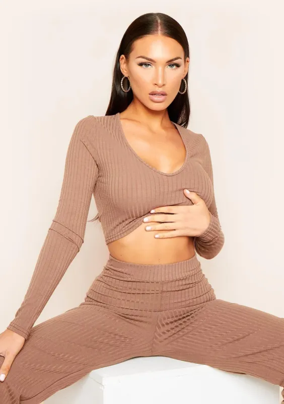 Maila Mocha Mix & Match Ribbed V Plunge Crop Top sold by Missy Empire
