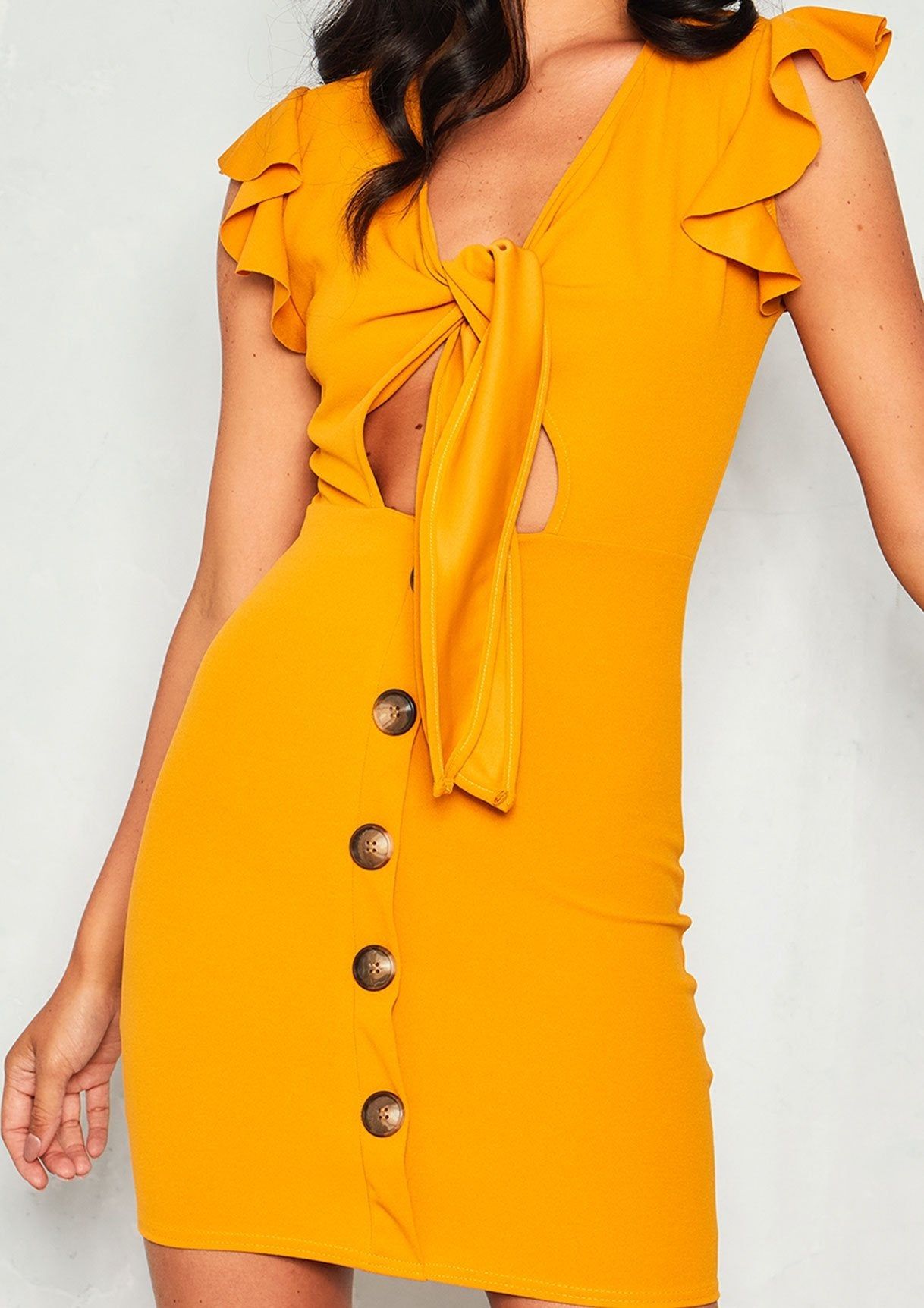 Addie Mustard Tie Button Dress sold by Missy Empire product image thumbnail 3