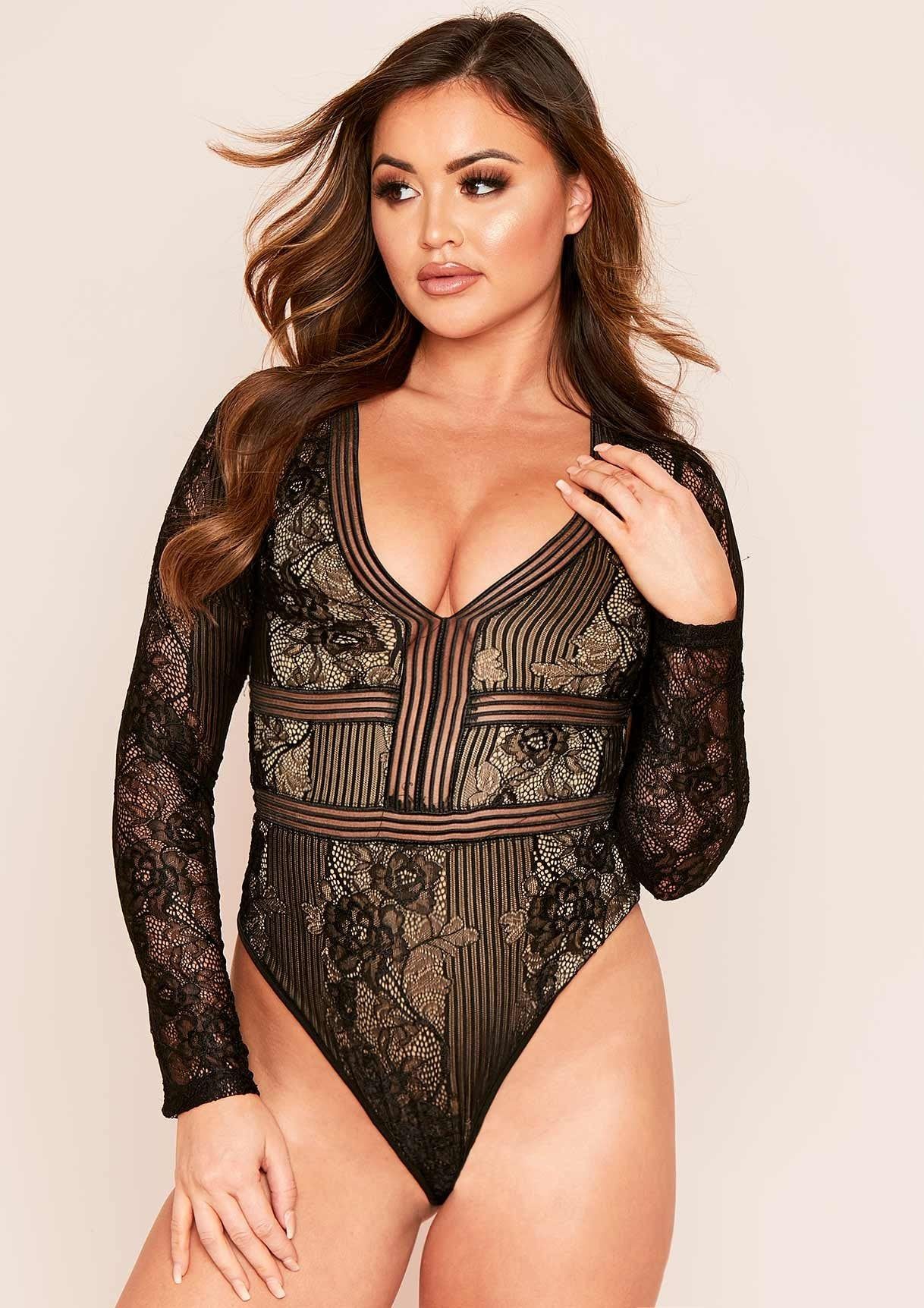 Ellie Black Floral Lace Plunge Neck Bodysuit sold by Missy Empire